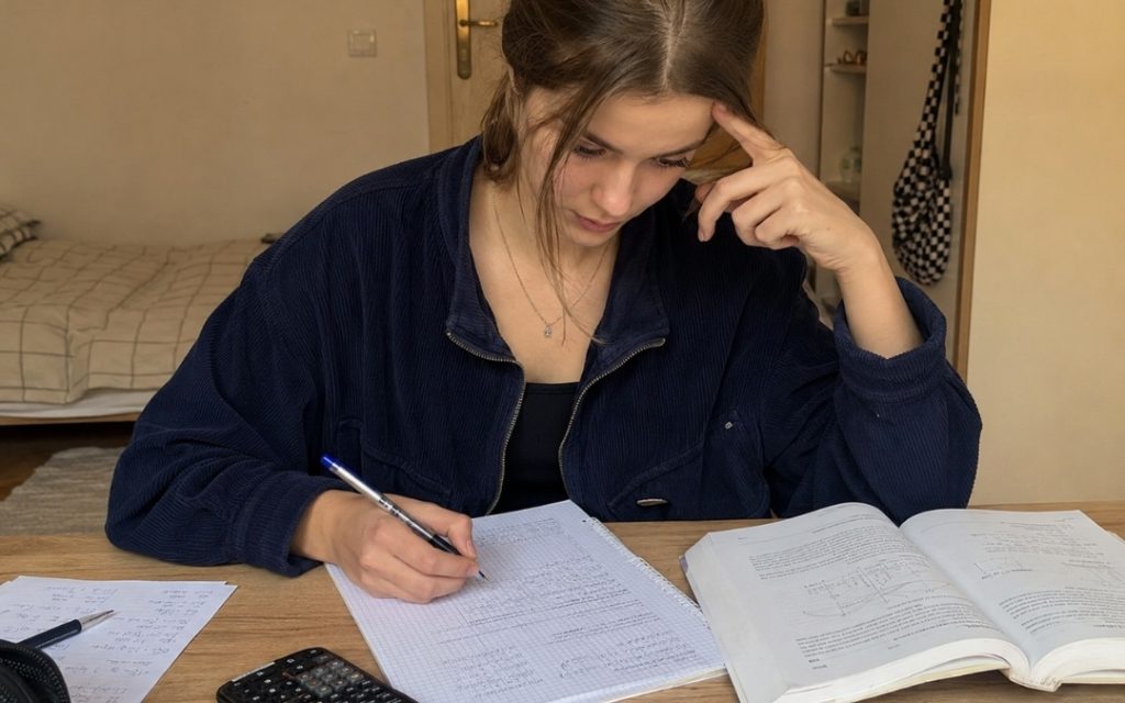 Licealistka skupiona nad zeszytem analizuje błędy w zadaniach matematycznych i poprawia obliczenia.