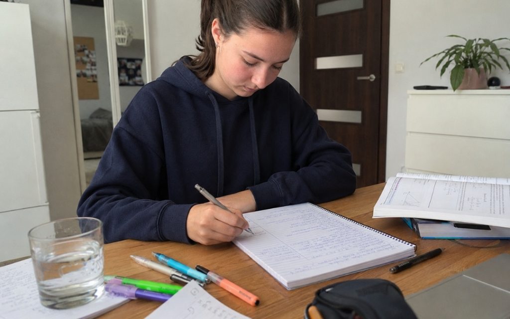 Licealistka tworzy notatki metodą Cornella przy biurku, zapisując informacje w zeszycie obok podręczników i zakreślaczy.