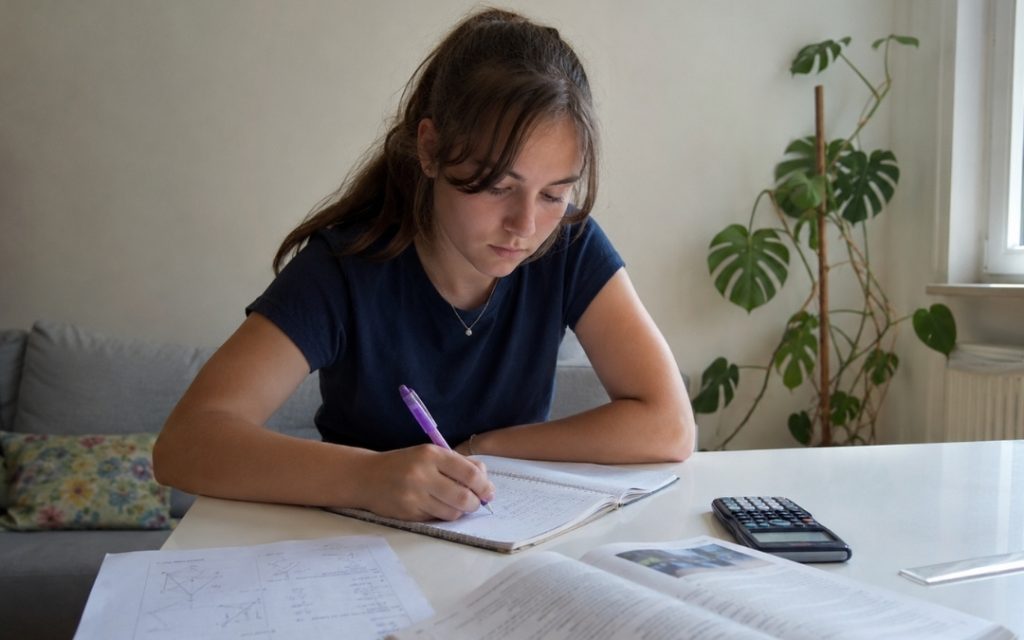 Licealistka zapisuje obliczenia w zeszycie przy stole, korzystając z podręcznika, kalkulatora i materiałów do nauki.