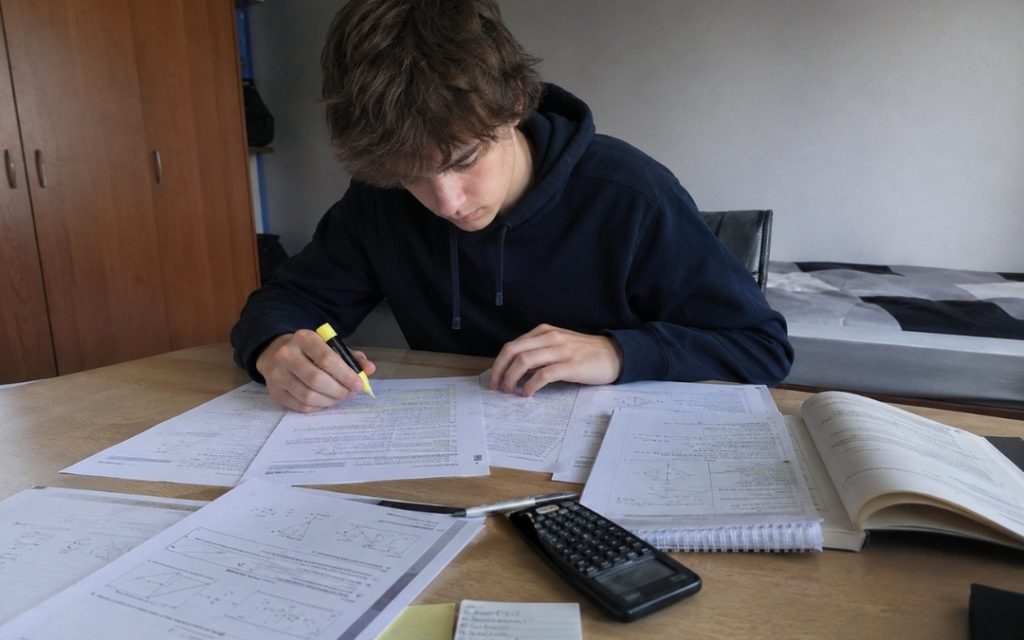 Nastolatek analizuje arkusze i zaznacza najważniejsze fragmenty materiału podczas nauki na ostatnią chwilę.