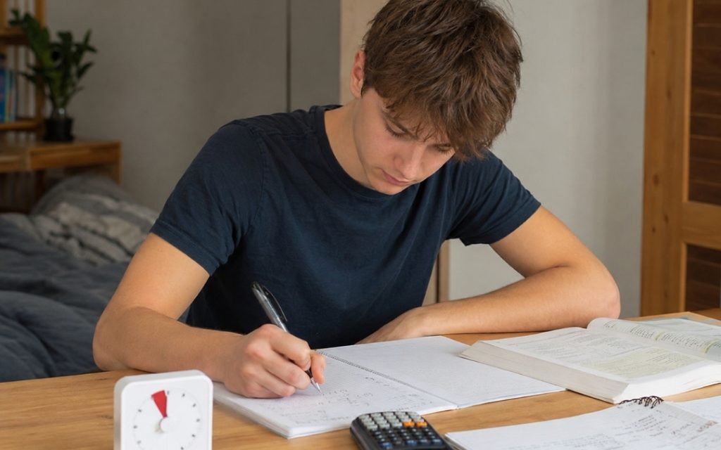 Nastolatek rozwiązuje zadania matematyczne przy biurku, pracując z podręcznikiem, zeszytem, kalkulatorem i timerem.