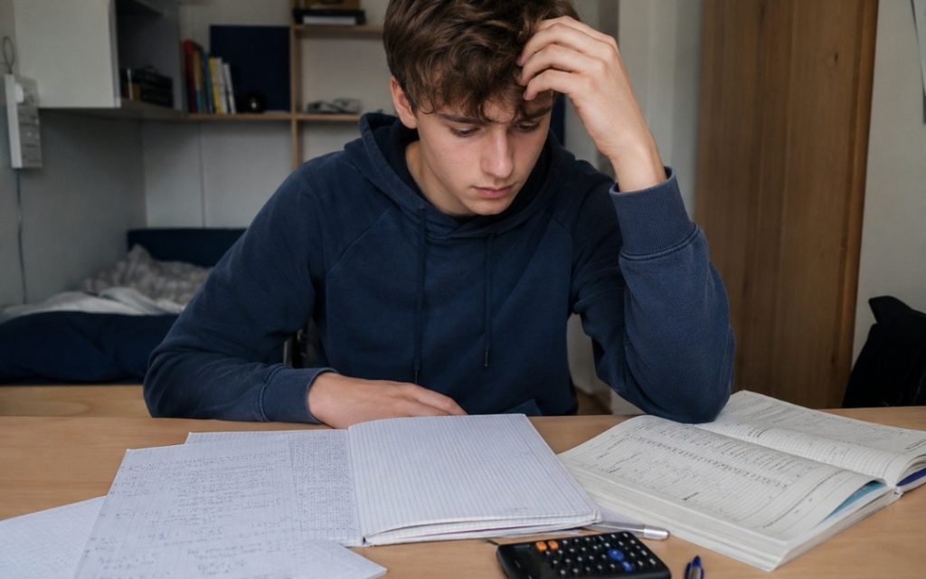 Nastolatek siedzi przy biurku nad zeszytem i podręcznikiem, skupiony na rozwiązywaniu zadań z matematyki.