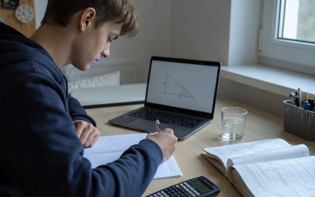 Nastolatek uczy się matematyki online przy laptopie, zapisując notatki w zeszycie obok podręczników i kalkulatora.