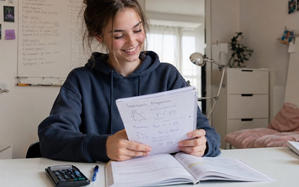 Uśmiechnięta licealistka przegląda swoje notatki z matematyki po samodzielnym zrozumieniu materiału.