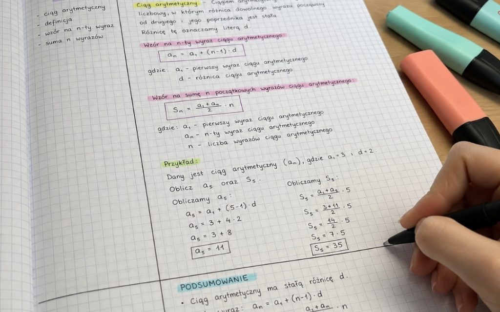 Zbliżenie na zeszyt z notatkami metodą Cornella dotyczącymi ciągów arytmetycznych, z wyróżnionymi wzorami i podsumowaniem.