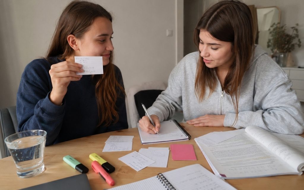 Dwie licealistki wspólnie uczą się matematyki z fiszek, zapisując odpowiedzi w zeszycie.