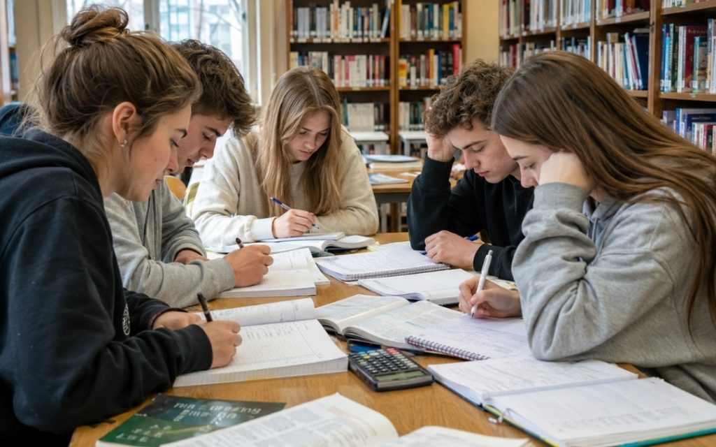 Grupa licealistów uczy się razem w bibliotece, pracując z podręcznikami, zeszytami i kalkulatorem.