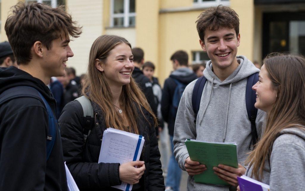 Grupa uśmiechniętych licealistów rozmawia przed szkołą, trzymając zeszyty i materiały do nauki.