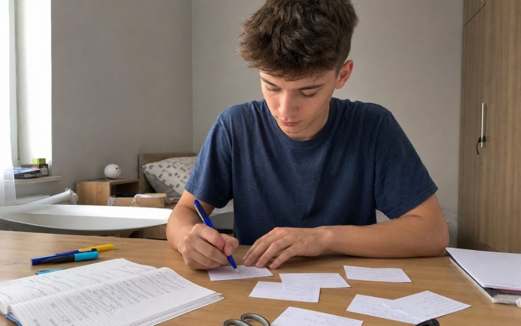Licealista przygotowuje fiszki matematyczne przy biurku, zapisując wzory na małych kartkach.