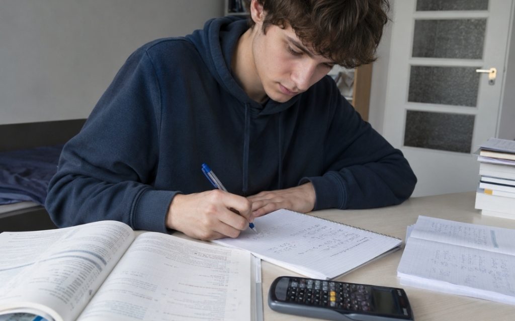 Licealista skupia się nad zadaniami matematycznymi przy biurku, korzystając z podręcznika, zeszytu i kalkulatora.