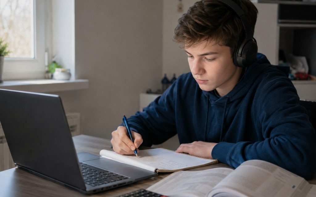 Licealista uczy się online przy laptopie w słuchawkach, zapisując notatki w zeszycie obok podręcznika i kalkulatora.