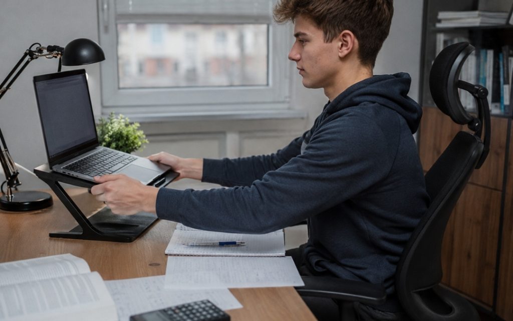 Licealista ustawia laptop na podstawce, przygotowując ergonomiczne miejsce do nauki przy biurku.