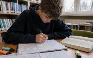 Licealista w bibliotece tworzy mapę myśli w zeszycie, korzystając z podręcznika i wcześniejszych notatek.