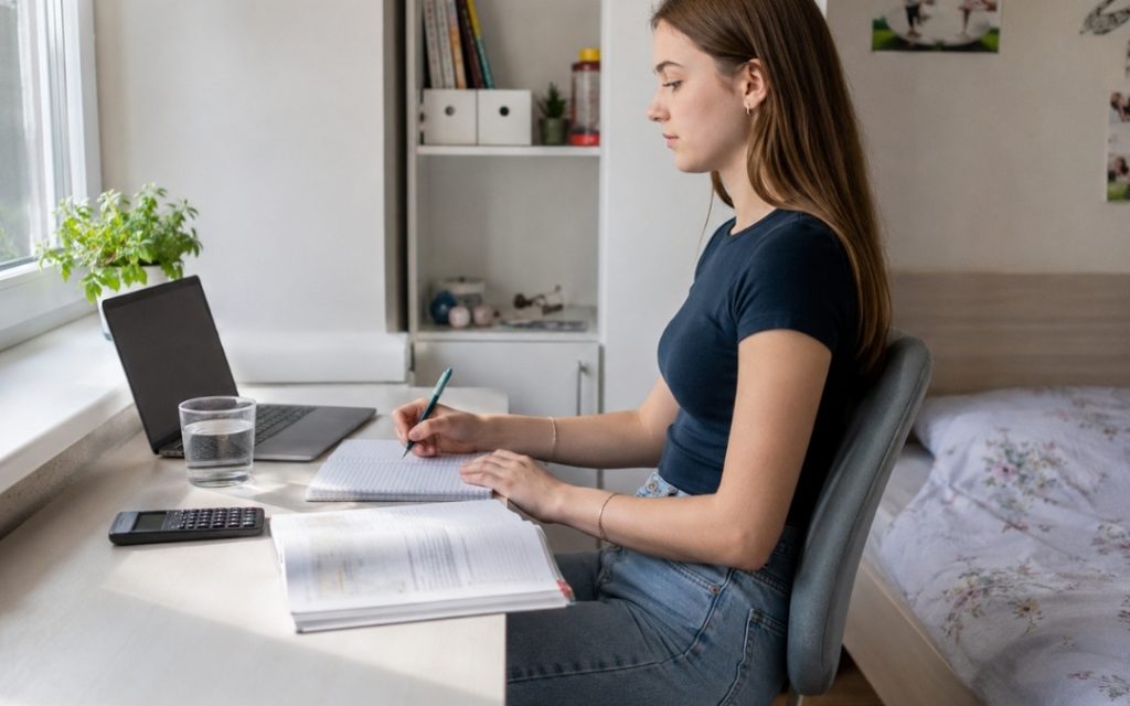 Licealistka siedzi prosto przy biurku i uczy się przy laptopie, zapisując notatki obok podręcznika, kalkulatora i szklanki wody.