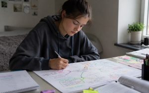 Licealistka tworzy kolorową mapę myśli przy biurku, porządkując notatki z matematyki obok podręczników i zakreślaczy.