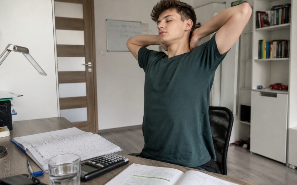 Nastolatek robi krótką przerwę od nauki i rozciąga kark przy biurku z otwartymi zeszytami i podręcznikiem.