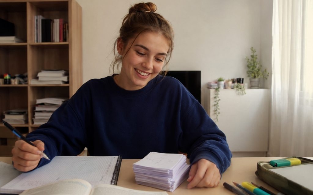 Uśmiechnięta licealistka siedzi przy biurku z dużym zestawem fiszek matematycznych i otwartym podręcznikiem.