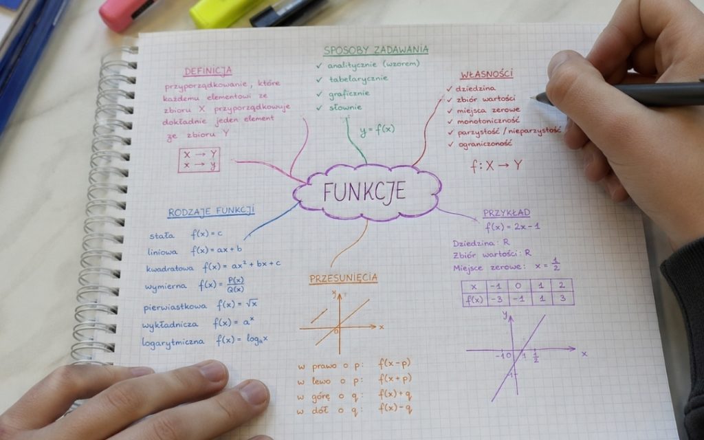 Zbliżenie na zeszyt z ręcznie wykonaną mapą myśli dotyczącą funkcji matematycznych, z kolorowymi gałęziami i hasłami.