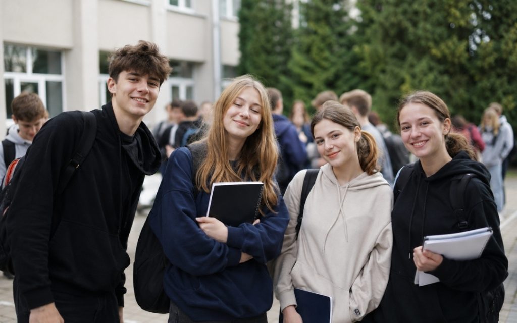 Grupa uśmiechniętych licealistów stoi przed szkołą z zeszytami, pokazując radość i pewność siebie po nauce.