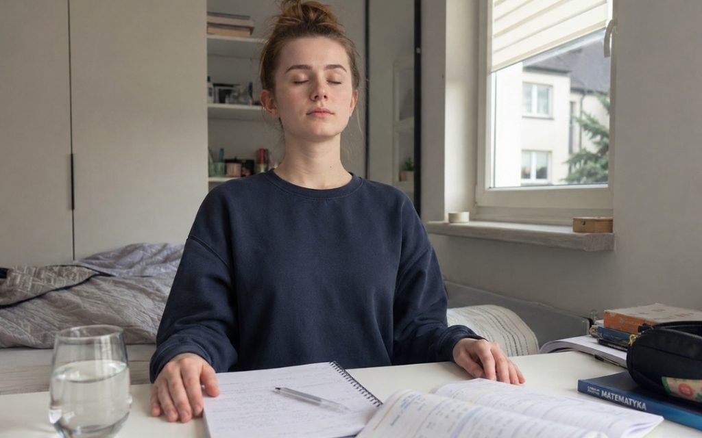 Licealistka robi krótką przerwę od nauki i ćwiczy spokojny oddech przy biurku z otwartym podręcznikiem i zeszytem.