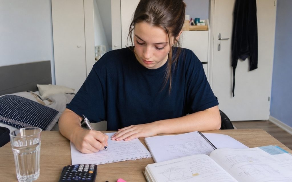 Nastolatka skupiona nad zadaniami matematycznymi zapisuje obliczenia w zeszycie obok podręcznika, kalkulatora i szklanki wody.