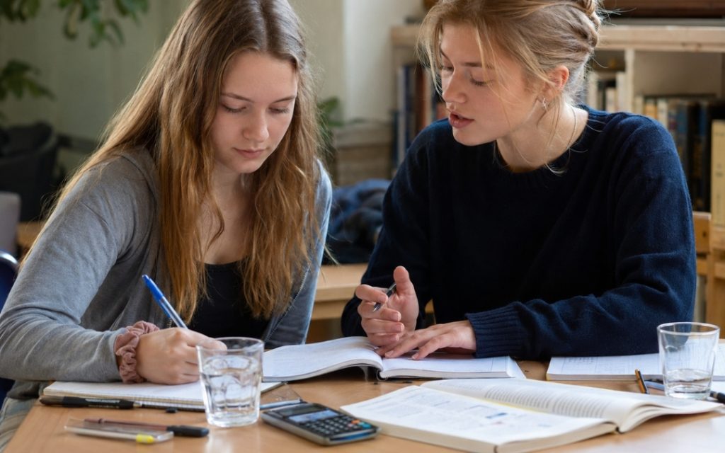 Dwie nastolatki wspólnie uczą się matematyki w szkolnej bibliotece.