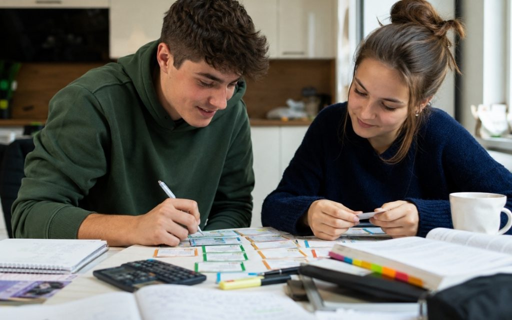 Dwoje licealistów uczy się przy stole z fiszkami, notatkami i edukacyjną łamigłówką.