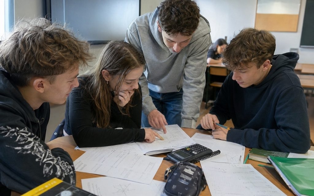 Grupa licealistów wspólnie rozwiązuje zadania i uczy się w angażujący sposób.