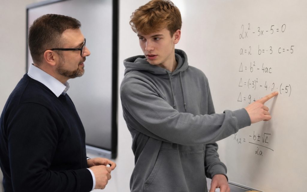 Licealista przy tablicy wyjaśnia nauczycielowi swoje rozwiązanie zadania matematycznego.