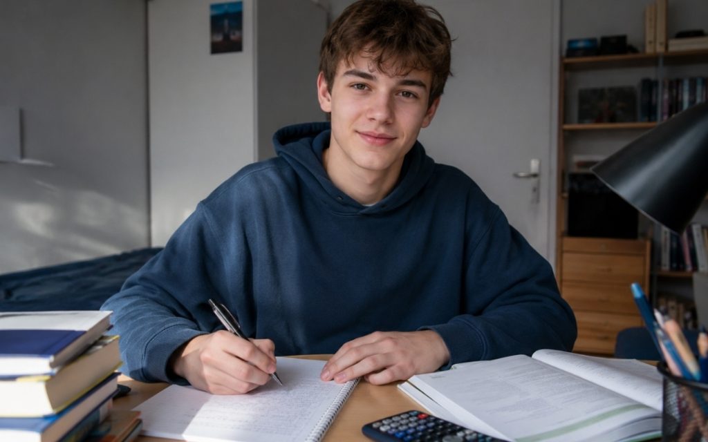 Licealista uśmiecha się przy biurku po przełamaniu trudności i zapisaniu rozwiązania w zeszycie.