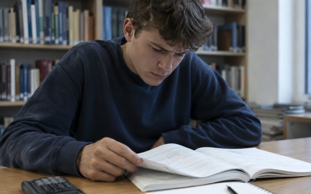 Licealista siedzi przy biurku z notatkami i patrzy w bok, mając trudność ze skupieniem się na nauce.