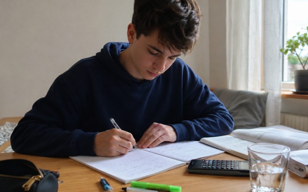 Nastolatek siedzi przy biurku i spokojnie pracuje z notatkami podczas nauki.