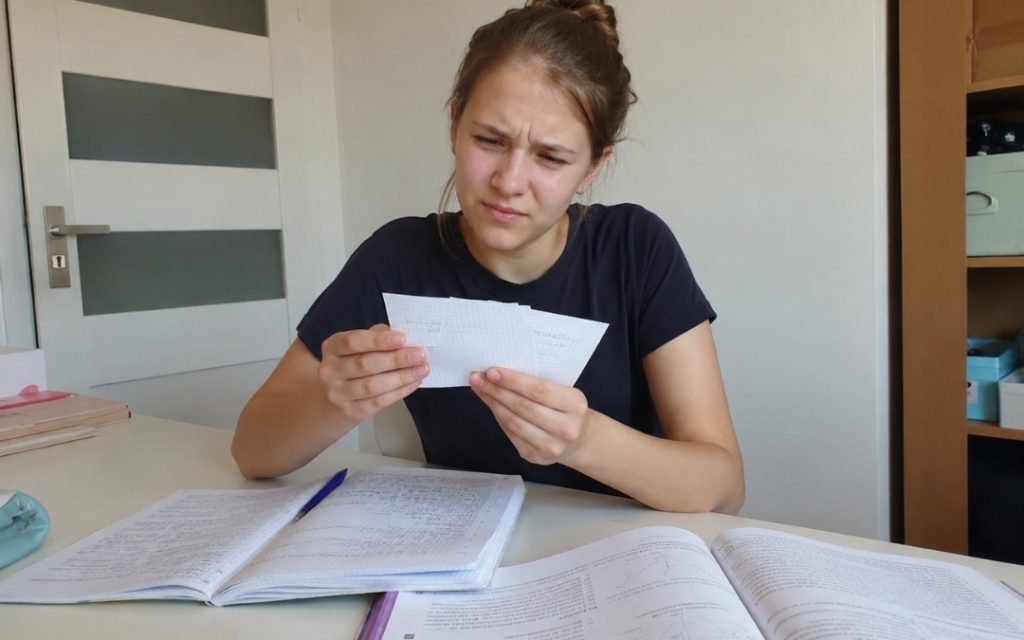 Nastolatka analizuje fiszki i notatki z matematyki, wyglądając na zdezorientowaną podczas powtórki materiału.