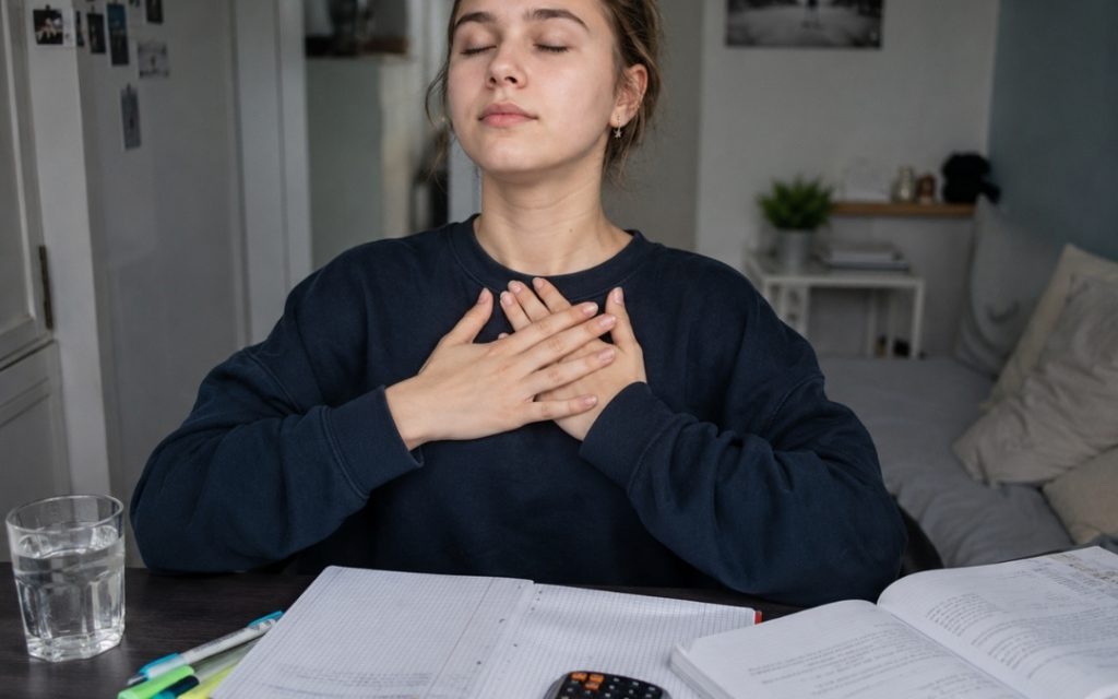 Nastolatka robi krótką przerwę w nauce i siedzi spokojnie przy biurku z notatkami.