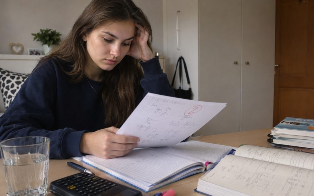 Nastolatka siedzi przy biurku i uczy się matematyki z notatek.