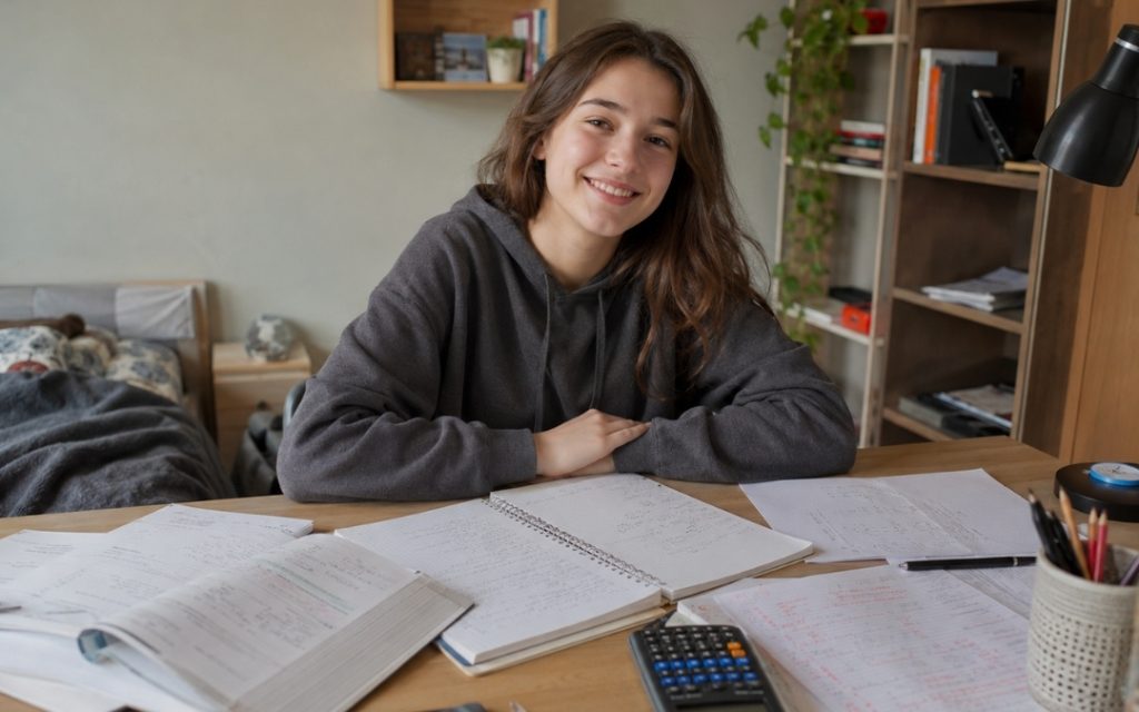 Przytulne domowe biuro przygotowane do nauki matematyki.