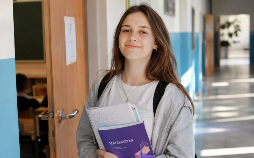 Uśmiechnięta licealistka stoi na szkolnym korytarzu z zeszytem i podręcznikiem do matematyki po rozmowie z nauczycielem.