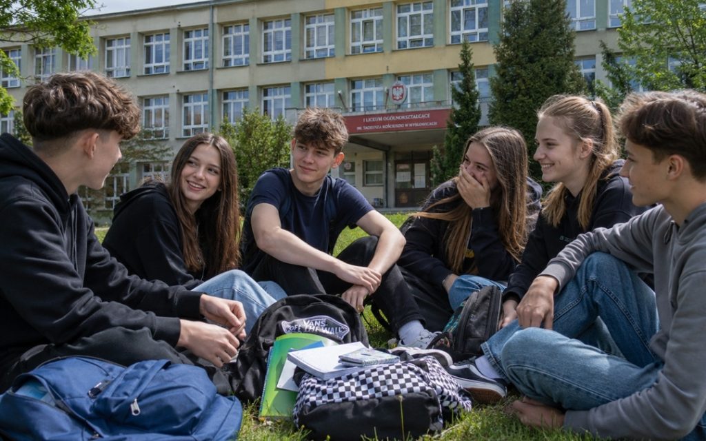 Grupa nastolatków siedzi na trawie przed budynkiem liceum, rozmawiając i śmiejąc się, z plecakami i zeszytami pośrodku.