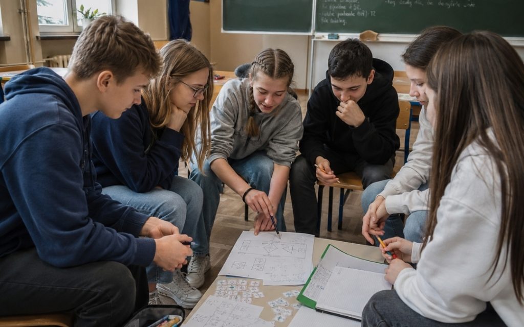 Grupa nastolatków siedzi w kręgu w klasie i wspólnie pochyla się nad rozłożonymi na podłodze kartkami z zadaniami, dyskutując nad rozwiązaniami.