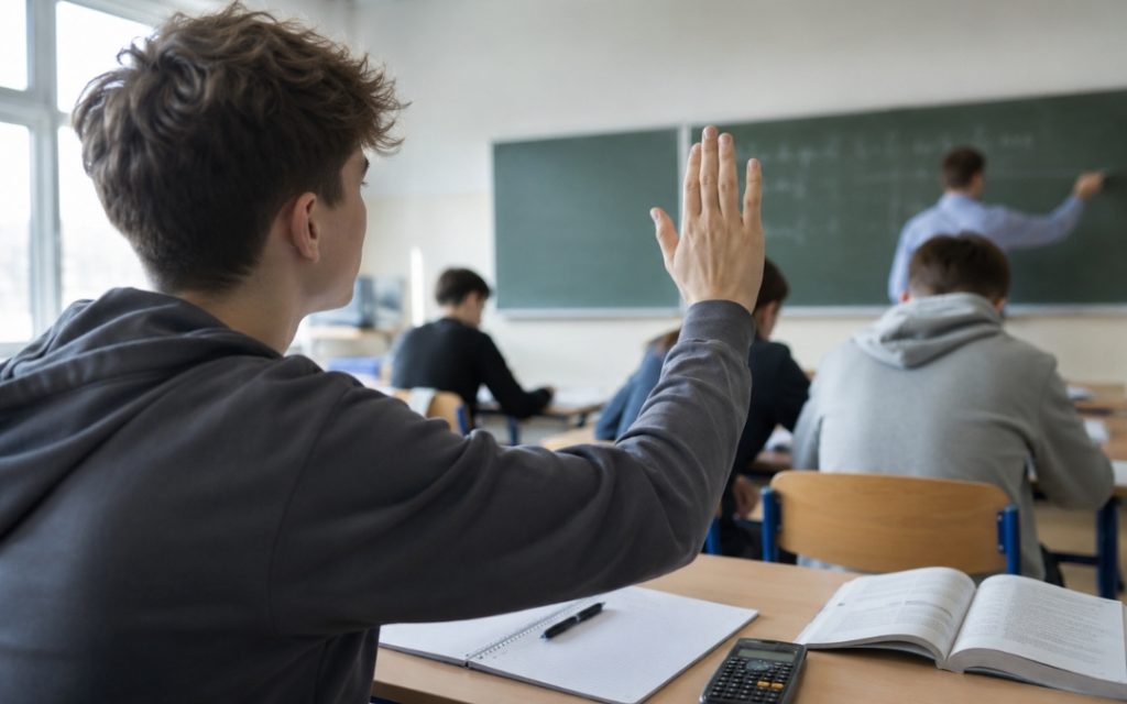 Licealista podnosi rękę na lekcji, próbując spokojnie zareagować i zadać pytanie nauczycielowi.