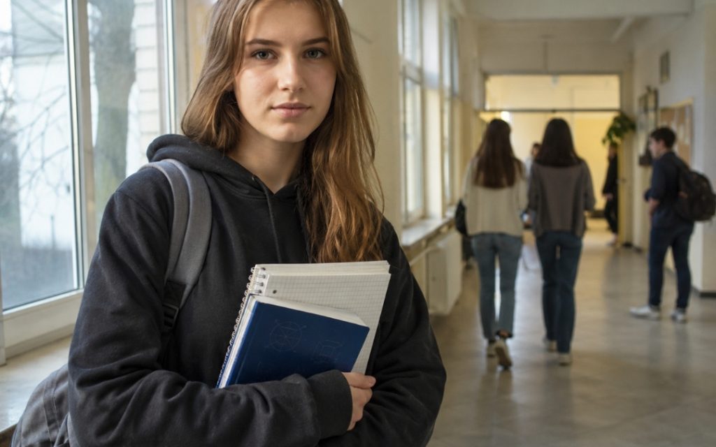 Licealistka stoi na szkolnym korytarzu z zeszytami, pokazując spokojną postawę po trudnej sytuacji z nauczycielem.