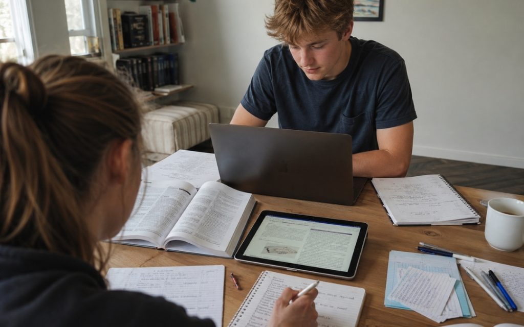 Dwoje nastolatków uczy się razem - chłopak przy laptopie, dziewczyna notuje przy tablecie.