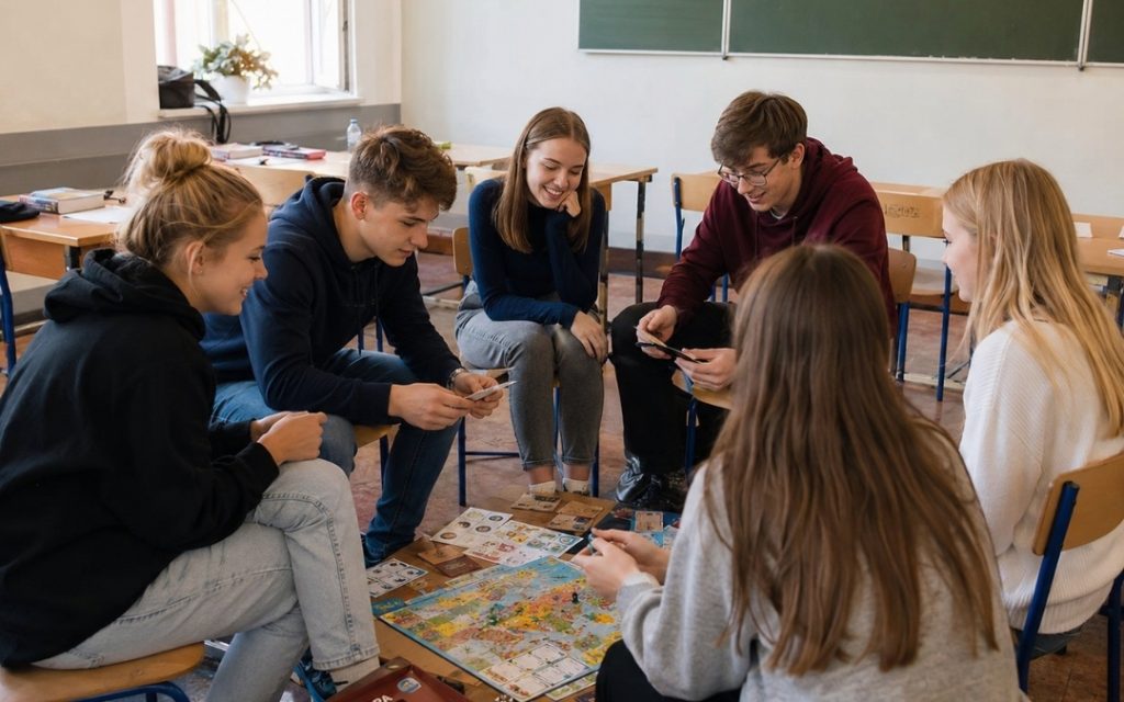 Grupa nastolatków siedzi w kręgu w klasie i gra w grę planszową.