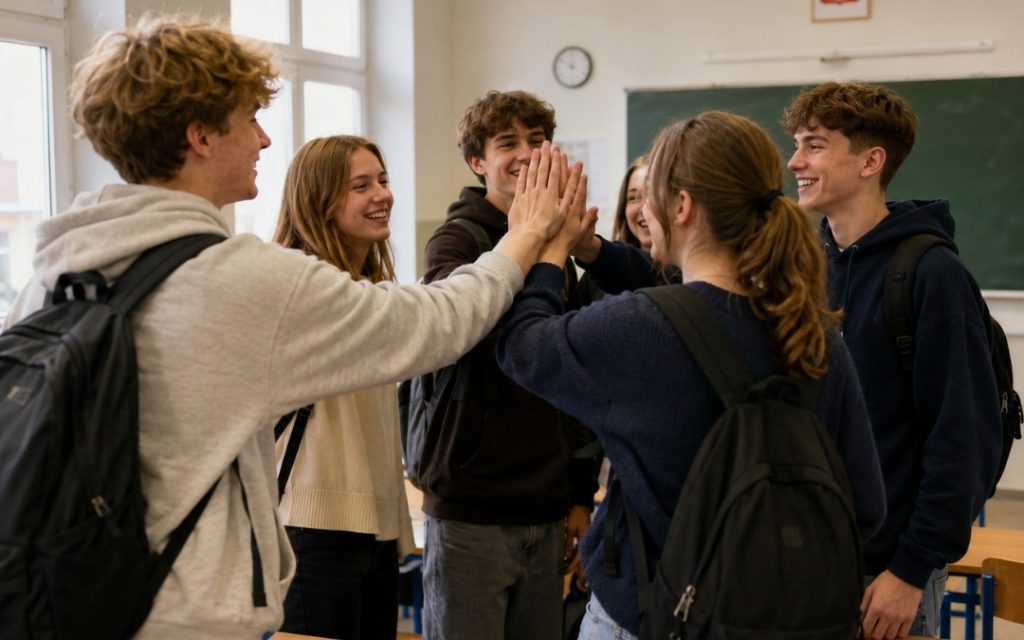 Grupa nastolatków z plecakami przybija sobie piątkę w klasie.