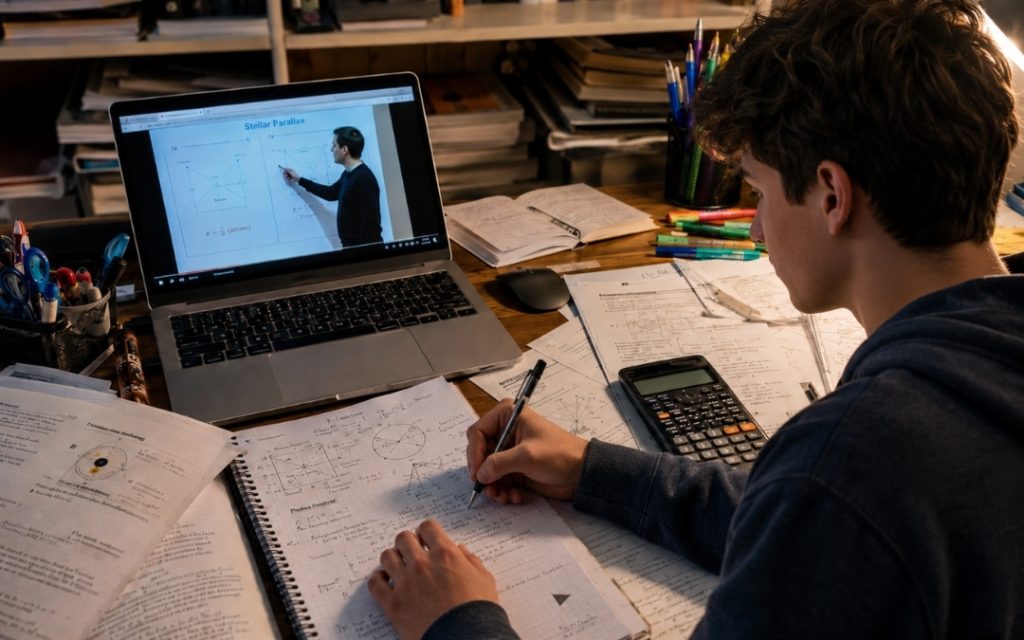 Nastolatek uczy się przy biurku z kalkulatorem i zeszytami, oglądając lekcję online na laptopie.
