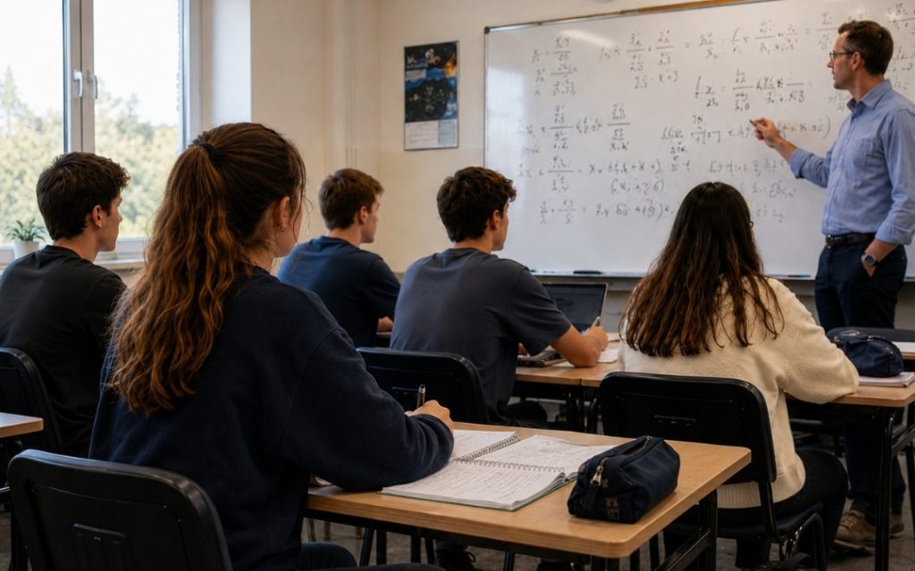 Nauczyciel w okularach tłumaczy równania przy białej tablicy, a uczniowie słuchają w ławkach.