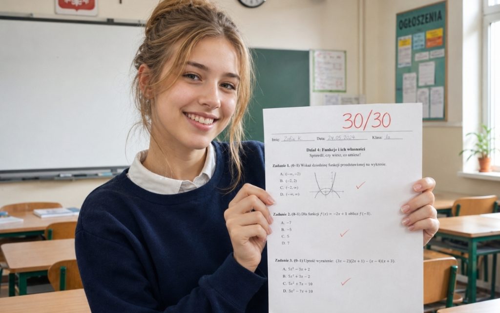 Uśmiechnięta uczennica w klasie pokazuje kartkówkę z matematyki z wynikiem 3030.