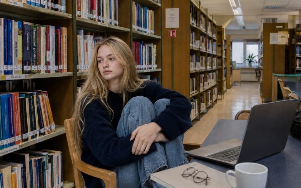Zamyślona nastolatka siedzi podkulona na krześle w bibliotece obok laptopa i kubka.