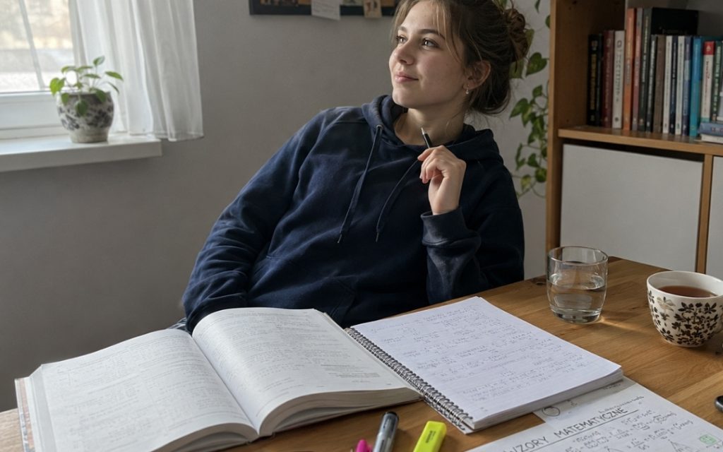 Zamyślona nastolatka w bluzie siedzi przy stole z otwartym podręcznikiem do matematyki, zeszytem z notatkami i herbatą.