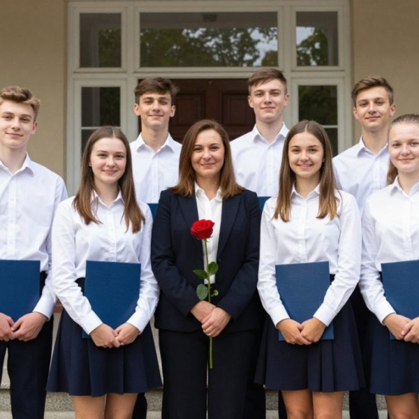Absolwenci w strojach galowych pozują do zdjęcia grupowego z nauczycielką, różami i teczkami ze świadectwami.